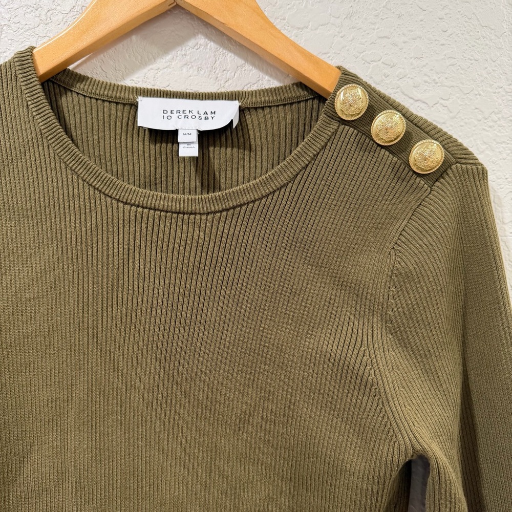 DEREK LAM 10 CROSBY Vanessa Ribbed Knit Flounce Dress In Olive Size Medium - Picture 12 of 15